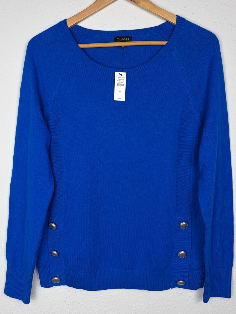 Talbots Cobalt Blue Crewneck Sweater with Side Button Accents